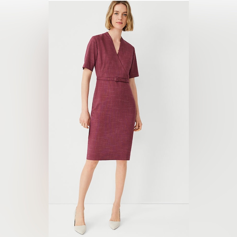 NWT Ann Taylor Wrap Belted Sheath Dress in Cross Weave